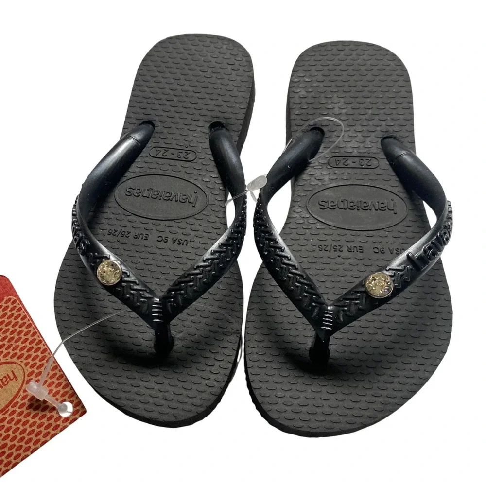 Havaianas Kids Black Rhinestone‎ Embellished Flip Flop Sandals USA 9C EUR 25/26